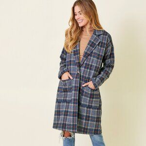 MYSTREE Blue & Brown Plaid Longline Coat, Oversized Shacket Style